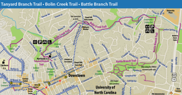 A map of Chapel Hill trails.